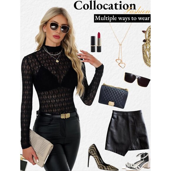 🆕 Women Black Long Sleeve Mesh Top Lace Mock Neck See Through Fitted Sexy Out - Picture 6 of 7